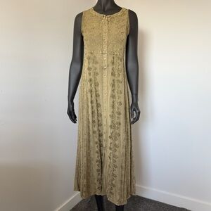 Vintage Jessica Olive Green Embroidered Sleeveless Maxi Dress Lace Up Back Small